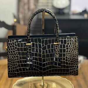 Black Patent Leather Croc/Gold Handbag